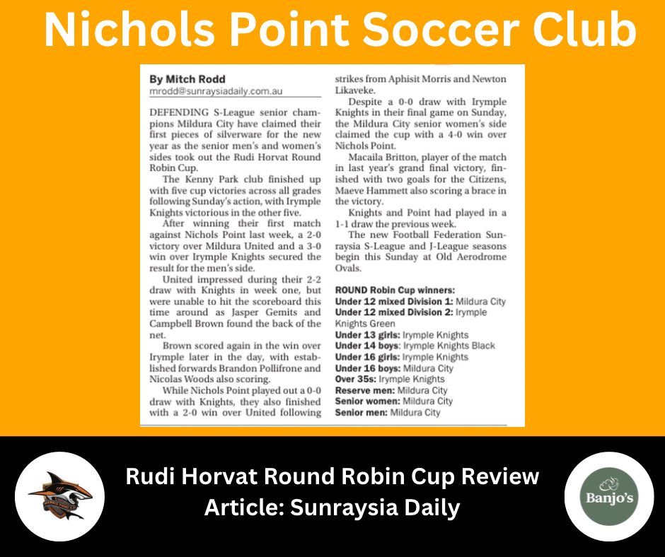 Rudi Horvat Round Robin Cup Review

Article: Sunraysia Daily

#NicholsPointSoccerClub #SoccerSeason #NPSC #footballfederationsunraysia #footballvictoria #footballaustralia #soccer #football #nicholspoint #mildura #sunraysia #victoria #nicholspointcommunity #pointers