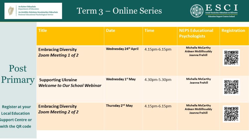 🎓 Educators & school staff, join the NEPS webinar on May 1st to learn how to support students from Ukraine. Gain insights on the Hobfoll principles & apply them to foster wellbeing in post-primary education. Your role is crucial 1st May 4.30pm-5.30pm 🔗athloneeducationcentre.com/cpd-courses/po…