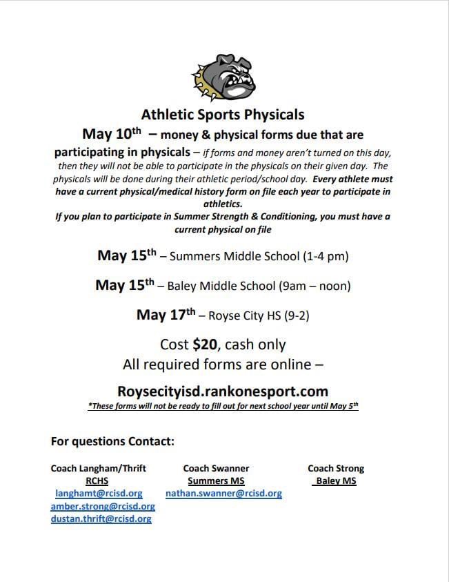 Athletic sports physicals are coming soon! ⚕️Please see the below information and contact Tasha Langham with any questions. 📧: langhamt@rcisd.org