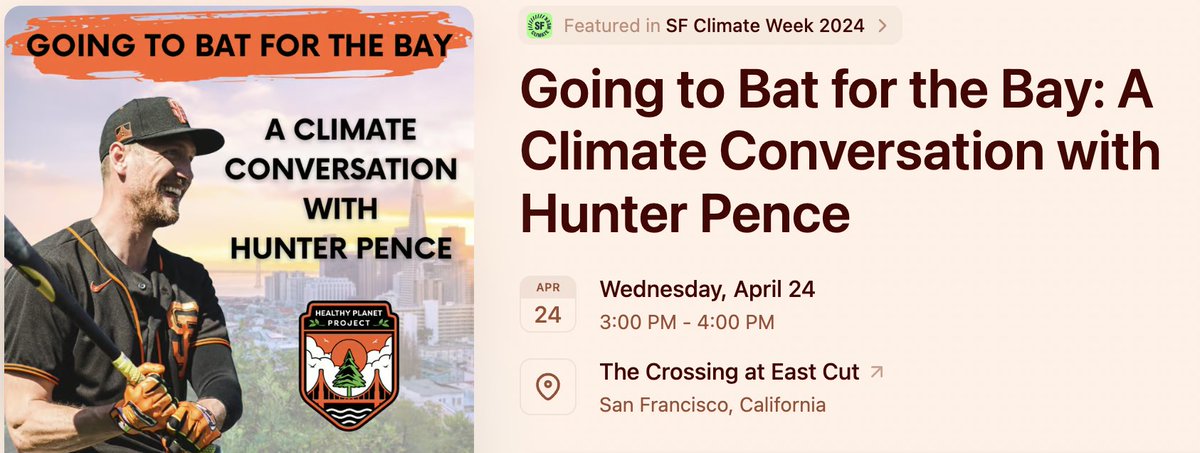 TOMORROW 4/24, join the climate conversation with Hunter Pence and community leaders and learn about local solutions to local challenges caused by this climate crisis. Register here: lu.ma/PencePanel