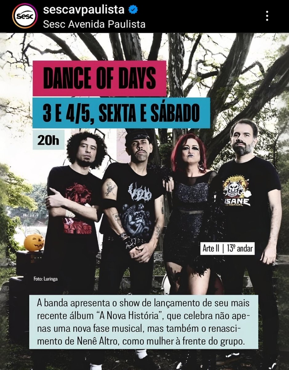 danceofdaysrock's tweet photo. Ingressos à venda para os shows do SESC @sescavpaulista galera!!! ❤️‍🔥❤️‍🔥❤️‍🔥
Sets diferentes nos dois dias!!! Metade do novo álbum na sexta, metade no sábado e o restante SUCESSOS DE TODA CARREIRA!!!

https://t.co/gyypfqsU0r

Shows às 20h em ponto. Não se atrasem! https://t.co/oNkedqG8Hr