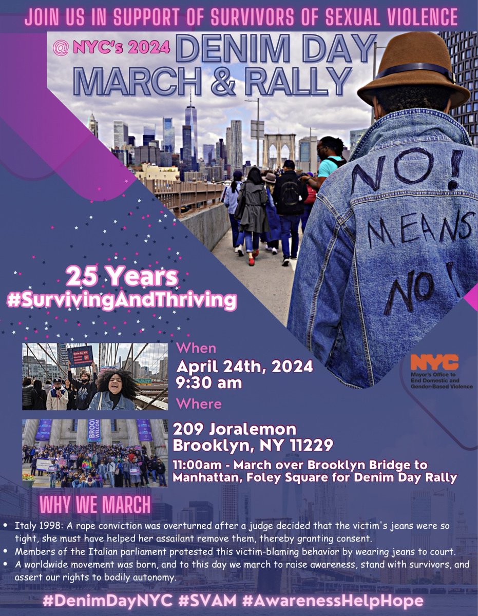 Join us tomorrow at Brooklyn Borough Hall at 9:30am for the NYC Denim Day March & Rally. We will march across the Brooklyn Bridge to Manhattan to raise awareness, and support survivors of sexual violence. 💚 #DenimDay #dayone #SAAM #SAAM2024 #nyc #SurvivingAndThriving