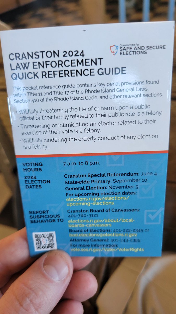 Thank you to @csselex for helping Rhode Island design our new pocket quick reference guide of RI election laws. Many states and jurisdictions have developed these in recent years, and it's great to have a handy resource like this for our #Cranston poll workers and police details.