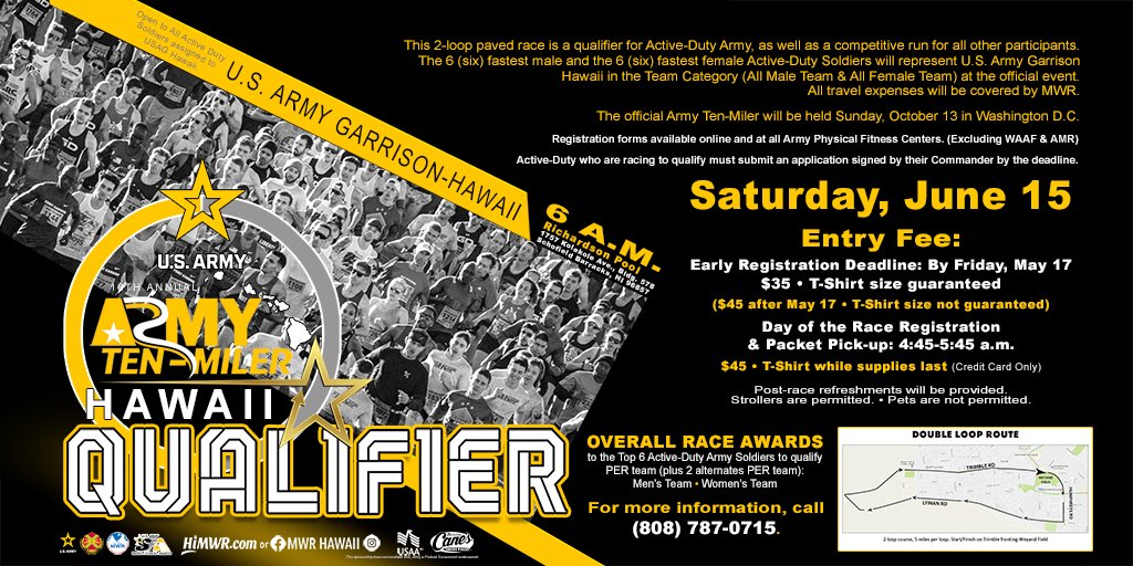 16th Annual Army Ten-Miler Hawaii Qualifier Race Saturday, June 15 6 a.m. at Richardson Pool Registration available at all Army PFCs, except WAAF and AMR. For more information, call 808-787-0715.