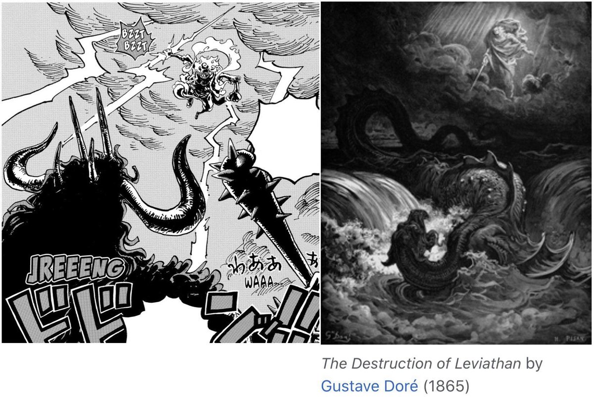 #OnePiece #OnePiece1113 #opspoilers 

'This world will sink into the sea'

The Leviathan is a sea serpent noted in theology and mythology.

It is often an embodiment of chaos. In the end, it is annihilated.

The Destruction of Leviathan by Gustave Doré painting was used in Wano.