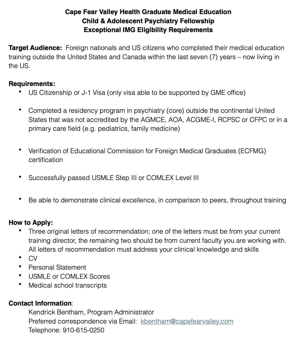 SadiqNaveed's tweet photo. Child and adolescent psychiatry fellowship position for people with home country psychiatry residency

= ECFMG cert +USMLE Step 3
= Accept J1 visa

Email at kbentham@capefearvalley.com

Read full criteria in screenshot. 

Website:
https://t.co/qMzpWblOqO https://t.co/1w8YD6livt