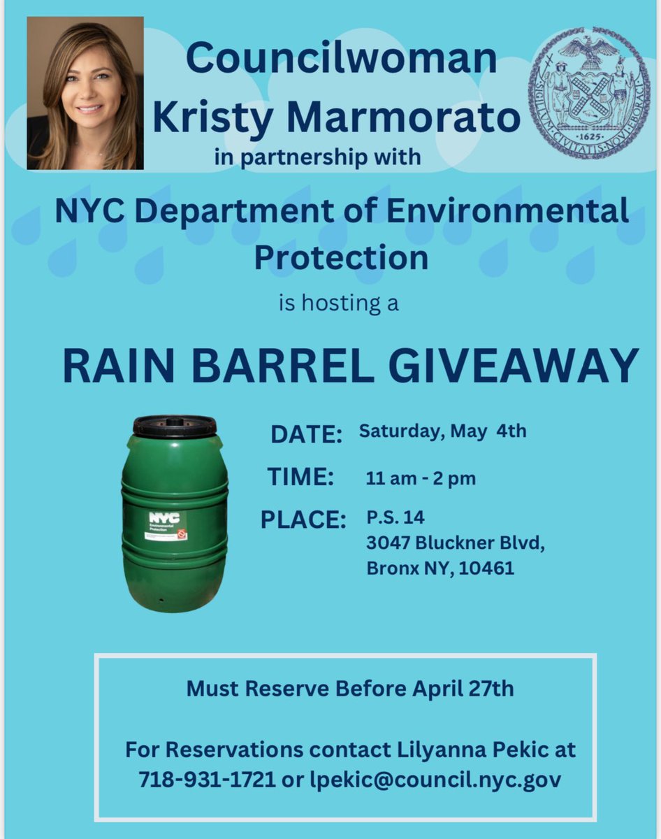 We will be partnering with @NYCWater to give out rain barrels to District 13 constituents! These lightweight barrels are a great way to capture and conserve rain water, & use the water later 💧 📍 PS 14 - 3047 Bruckner Bldv ⏰ 11a-2p 🗓️ May 4 MUST RSVP via phone or email!