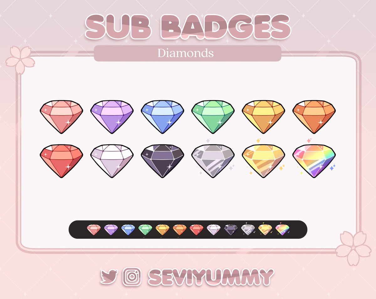 💎 Shiny Diamonds! 💎
Pre-made sets of badges for Twitch!

🌸💲5⃣ usd the whole set ^^🌸

You can find these and more here:

✨ etsy.com/shop/SeviYummy
✨ ko-fi.com/seviyummy/shop