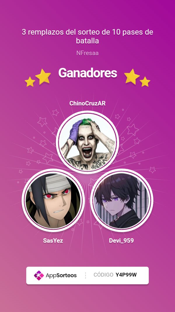 Felicidades a los 3 remplazos del sorteo

<a href="/ChinoCruzAR/">Chino cruz AR</a>
<a href="/SasYez/">𝐒𝖆𝖘𝐘𝖊𝖟 𖣐</a> 
<a href="/Devi_959/">Devi</a> 

Tienen 1 hora para reclamar el premio⏳