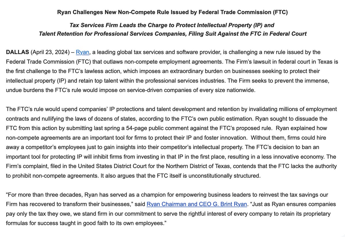 A business tax firm has just sued the FTC over its noncompete rule, in federal court in guess where... Texas! Via email: