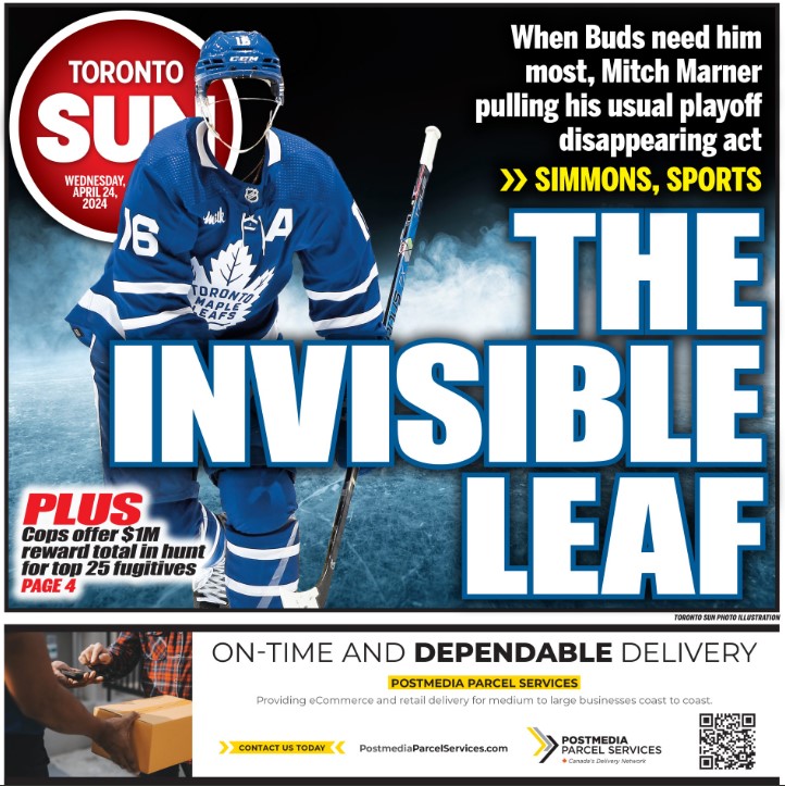 THE INVISIBLE LEAF: When Buds need him most, Mitch Marner pulling his usual playoff disappearing act From @simmonssteve: torontosun.com/sports/hockey/… + Cops offer $1M reward total in hunt for top 25 fugitives, via @JaneCStevenson: torontosun.com/news/local-new…