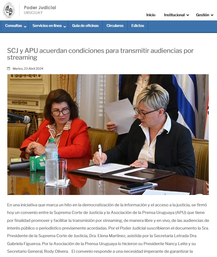 Suprema Corte de Justicia y Asociación de la Prensa Uruguaya acuerdan condiciones para transmitir audiencias por streaming poderjudicial.gub.uy/novedades/noti…