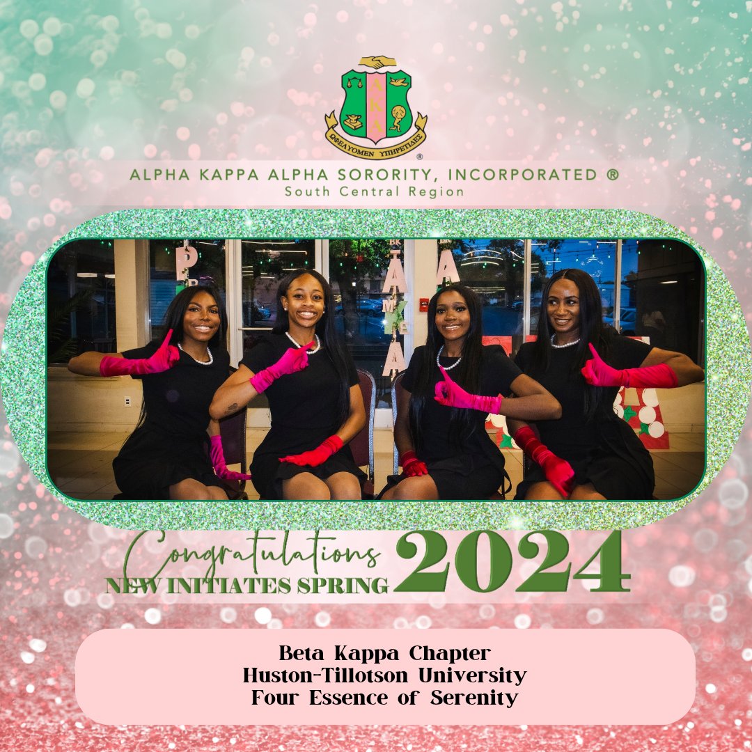 SouthCentralAKA's tweet photo. Congratulations to the newest members of Alpha Kappa Alpha Sorority, Inc. ® in the Beautiful and Kaptivating Beta Kappa Chapter on the campus of Huston-Tillotson University. Meet and greet the Four Essence of Serenity! 
#AKA1908 #WeAreSouthCentral  #NewMemberSpotlight #Spring2024 https://t.co/vlgPxZ56n5