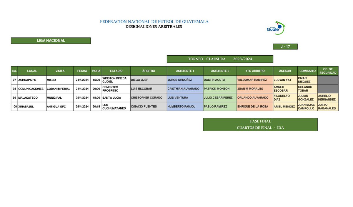 Nombramientos arbitrales para los juegos de ida de los Cuartos de Final del torneo clausura ‘24 de la @LigaGuate Éxito a todos.