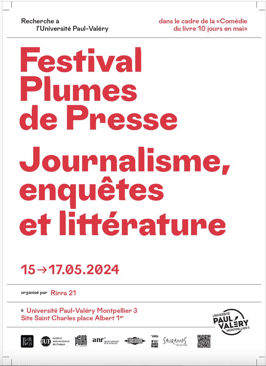 La deuxième édition du festival "Plumes de presse" aura lieu à l'université Paul Valéry Montpellier 3 entre le 15 et le 17 mai 2024. Trois jours de rencontres, de débats, de dédicaces, d'exposition dans le cadre de la Comédie du livre. Le programme  : plumesdepresse.www.univ-montp3.fr