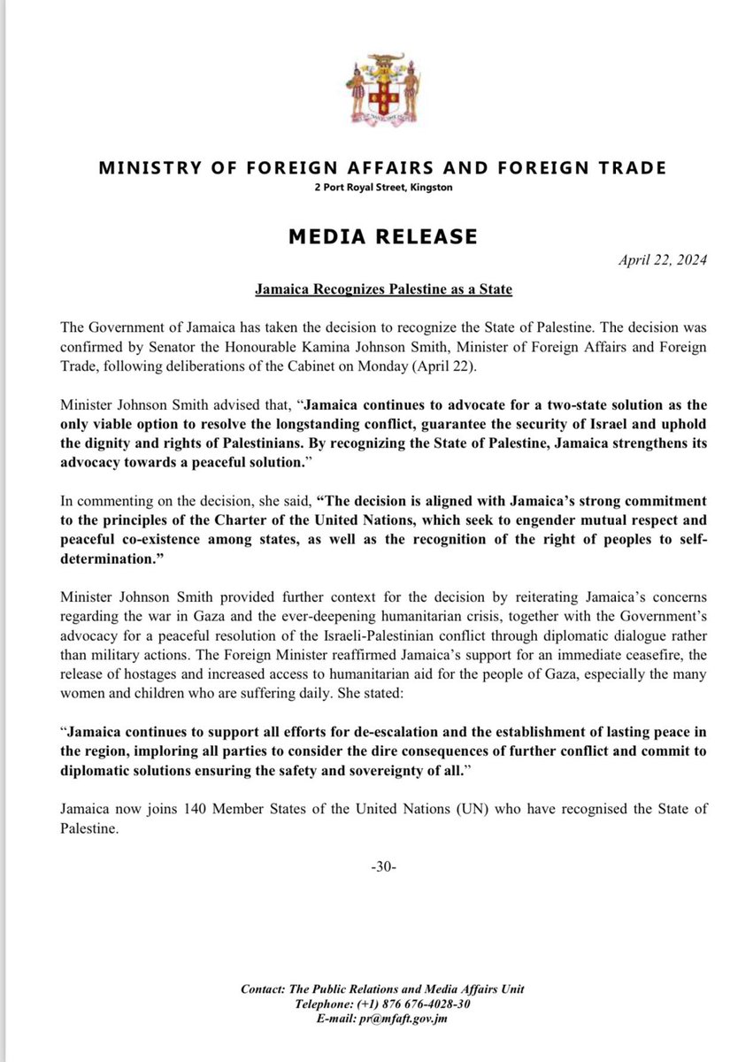 Jamaika 🇯🇲 hat soeben die offizielle Anerkennung des Staates Palästina 🇵🇸 bekanntgegeben. Damit ist Jamaika das 140. UN-Mitglied, das Palästina anerkennt.