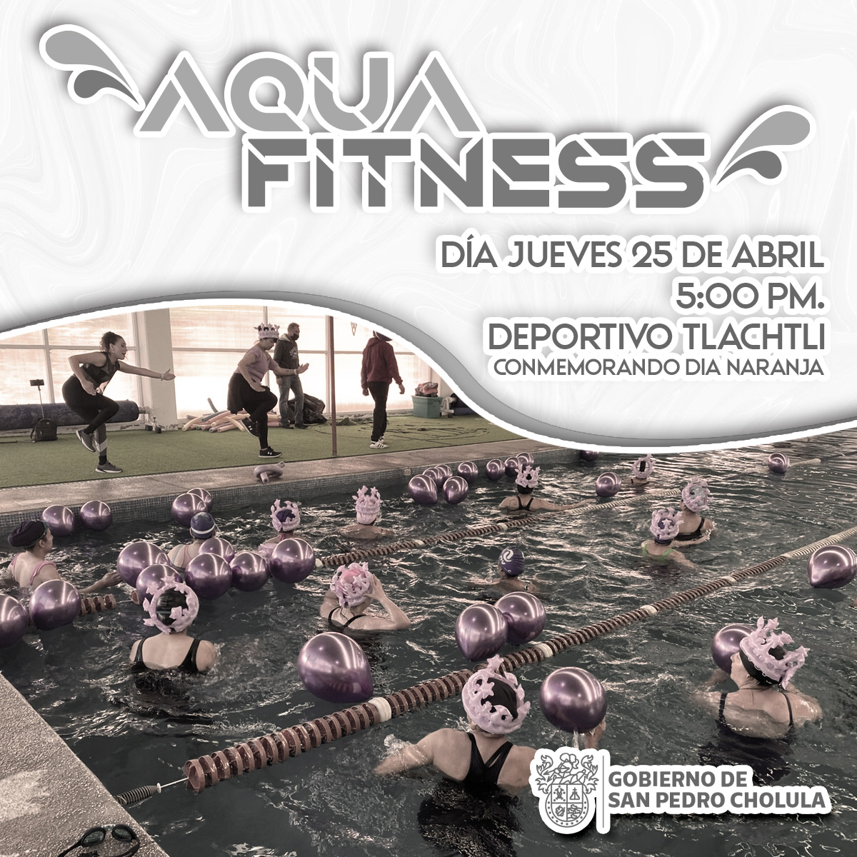 #Entérate| En el marco del #DíaNaranja🟠, se llevará a cabo la clase de “AQUA FITNESS”.
Jueves  25  de abril📍, en Unidad  Deportiva Tlachtli.

✅ Informes al teléfono 2221966363. ☎

Inscripción Gratuita.
⌛Cupo limitado.