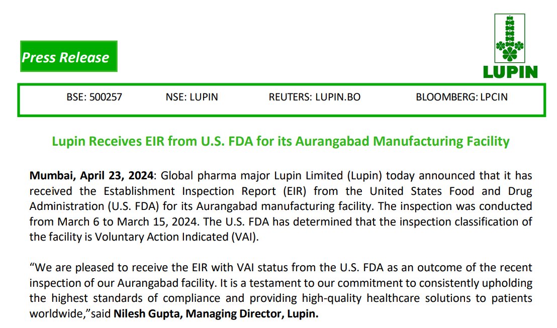 #Lupin Receives EIR from USFDA for its Aurangabad Manufacturing Facility