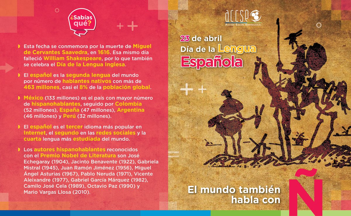 #23deabril #DíaDeLaLenguaEspañola
La importancia de nuestro idioma, riqueza cultural y su papel en la conectividad global 🇪🇸🤝🌎

#accseedi #ODS2030 #RSE #esr #ESG #DesarrolloSostenible #DíadelEspañol #DíaDelIdiomaEspañol #Cervantes #DiversidadCultural #DíaDelLibro #habloespañol