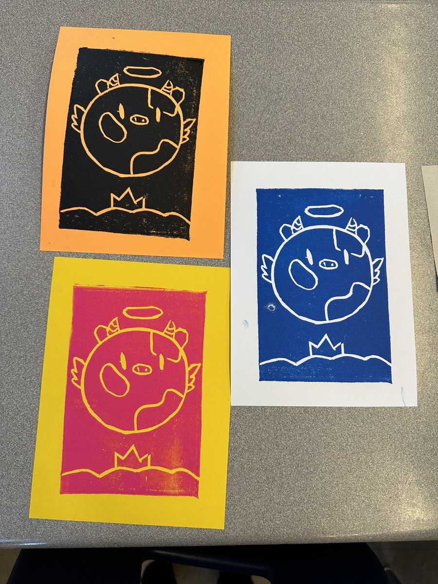Next steps for lino-block printing was to roll the ink and transfer it into paper. Check out a couple of our finished prints!