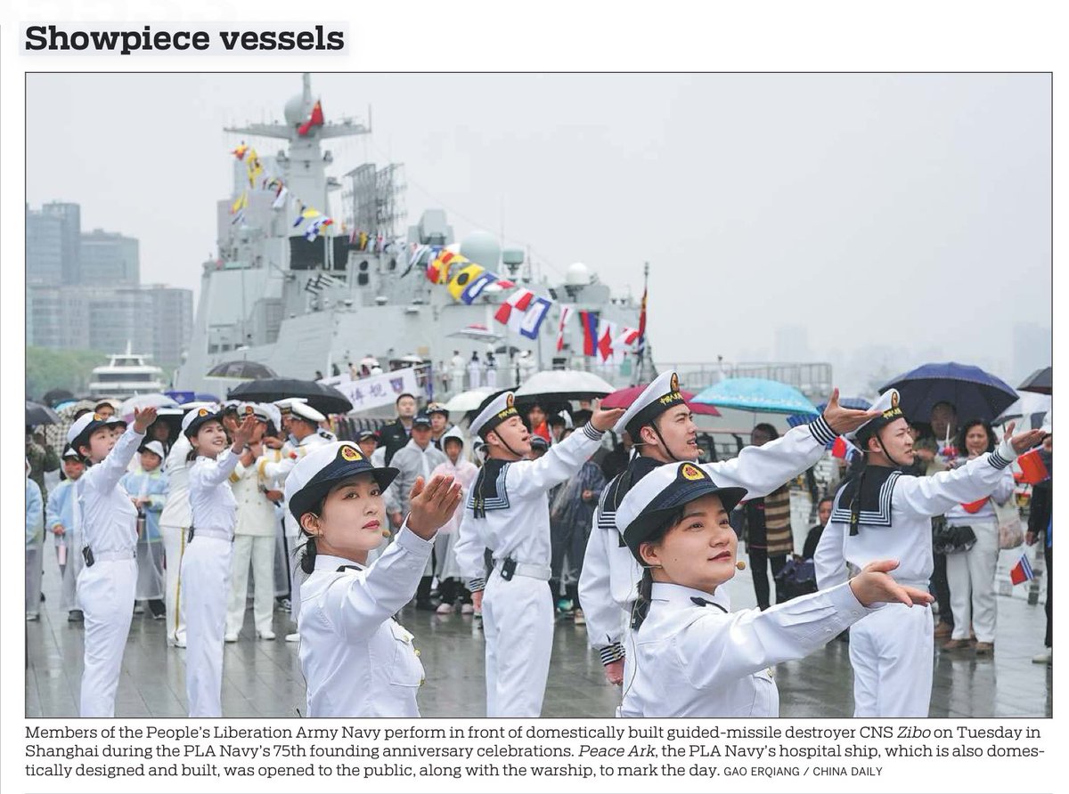 In today’s @ChinaDaily: “Members of the People’s Liberation Army Navy perform in front of a domestically built guided-missile destroyer… in Shanghai during the PLA Navy’s 75th founding anniversary celebrations.” What did they sing?