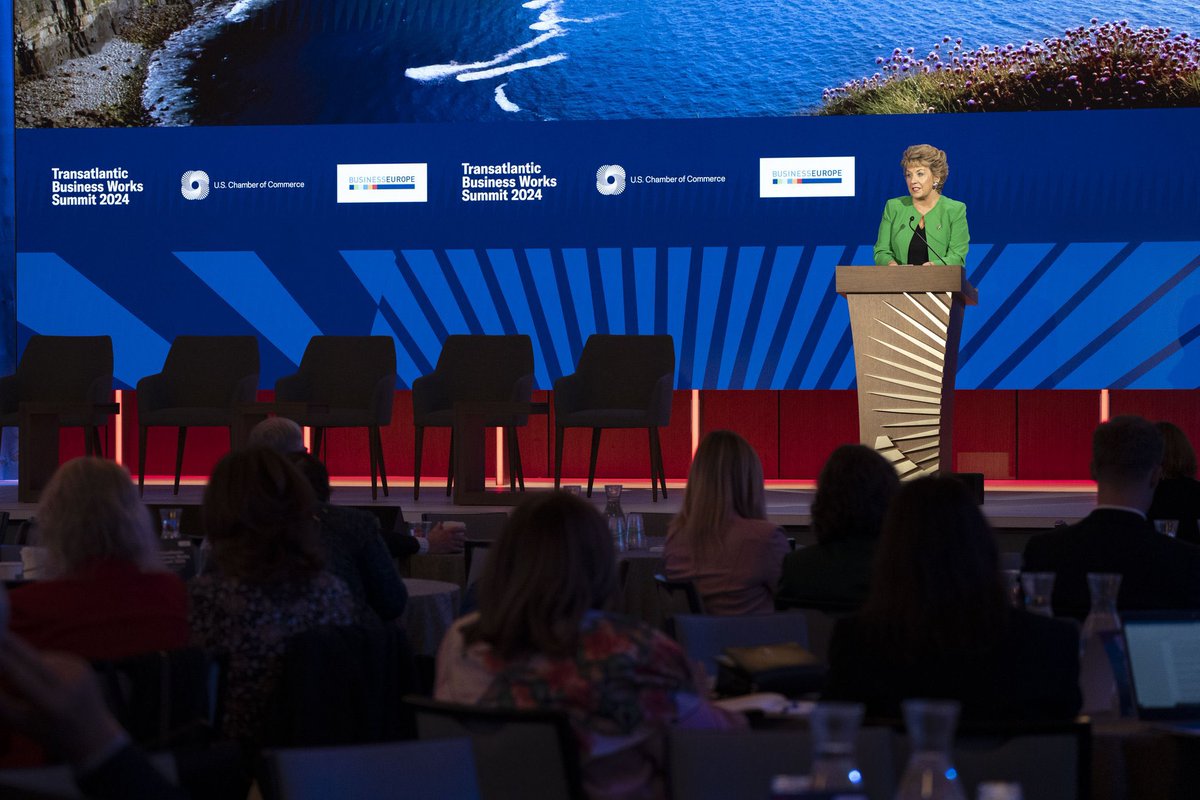 Delighted to address business leaders and policymakers this morning at the @USChamber & @BusinessEurope 2024 Transatlantic Business Works Summit. Sharing the value of fostering a competitive and resilient transatlantic economy in the face of global challenges and opportunities.