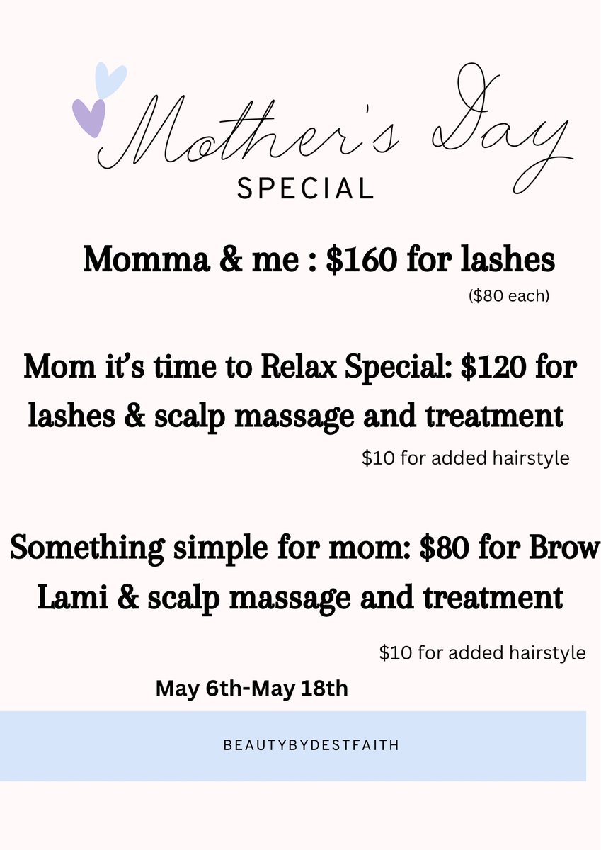Destfaith99's tweet photo. Moms are a force of nature and many of my clients are moms! Without my mom I wouldn’t be able to be where I am. To show my love and appreciation for you moms enjoy these specials. Remember it’s okay to spend a few hours for yourself and allow yourself to relax and unwind. 🩷✨ https://t.co/FxeQwGgfsg