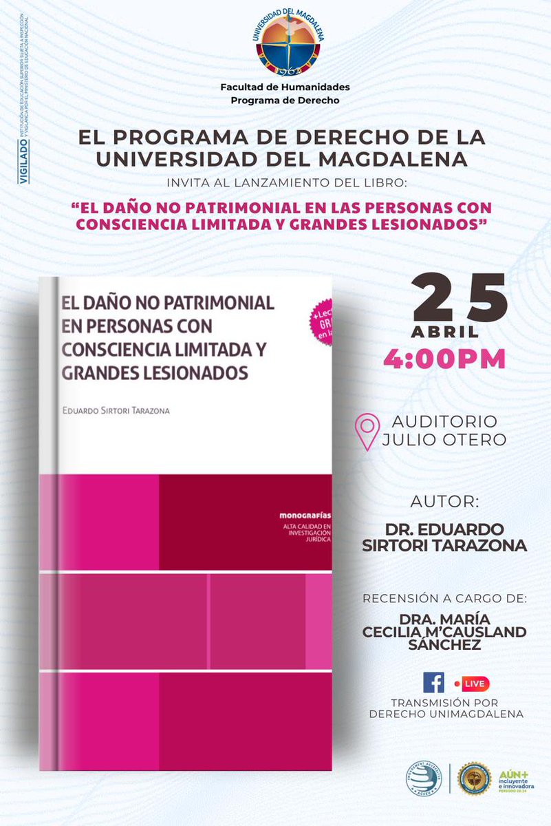 El próximo jueves 25 de abril a las 4PM se hará el lanzamiento oficial de mi libro en el auditorio Julio Otero de la <a href="/Unimagdalena/">Universidad del Magdalena</a>; también por streaming. La recensión estará a cargo de la Maestra Profa. Dra. María Cecilia M'Causland. Tod@s invitad@s