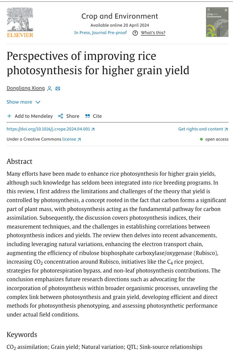 New Perspective: "Perspectives of improving rice photosynthesis for higher grain yield" by our EiC <a href="/Xiong_DL/">Dongliang Xiong</a>  doi.org/10.1016/j.crop…