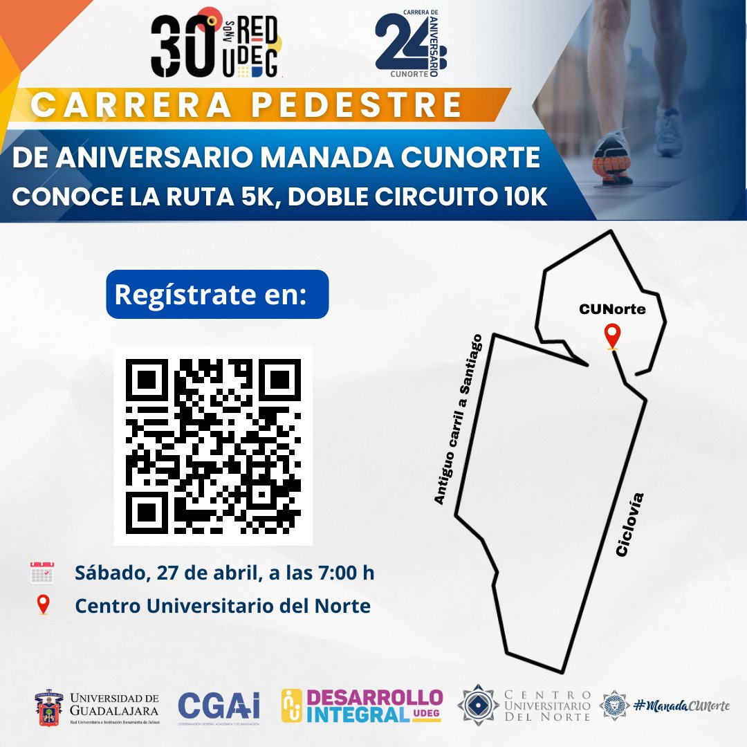 📢 ¡Conoce la ruta de la Carrera de Aniversario! #ManadaCUNorte 🦁❤

👉 Aún puedes registrarte, entra a: forms.gle/RpFwhW7xkByBnj…

Celebremos los 30 años de la Red #UdeG y el 24 Aniversario del #CUNorte

#RedUdeG