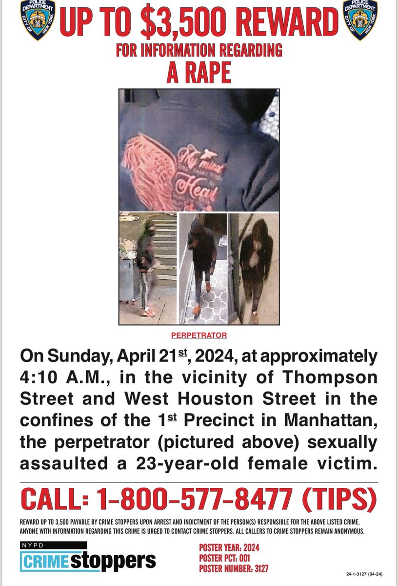 On Sunday April 21, 2024 at 0411 hours a women was viciously sexually assaulted and robbed in the SoHo area. A tremendous effort by our @NYPDSVU and Fugitive Enforcement team led to the quick identification and apprehension of Ellow Williams a 30 year old parolee from Manhattan.