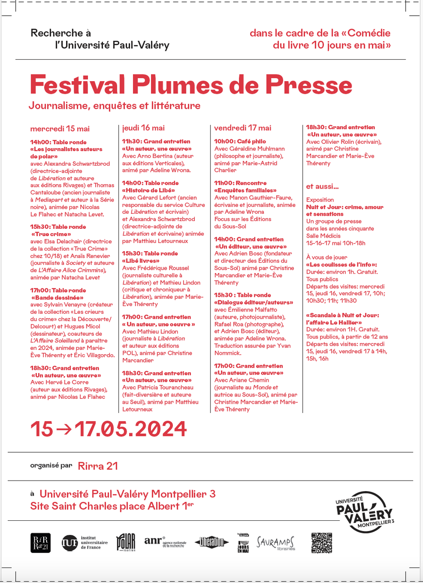 Voici le programme du festival 'Plumes de presse. Journalisme, enquêtes et littérature' qui se tiendra à Montpellier à l' @univpaulvalery dans le cadre de la @ComedieduLivre. Avec @CMarcandier et @matthletourneux . Entrée libre dans la limite des places disponibles !