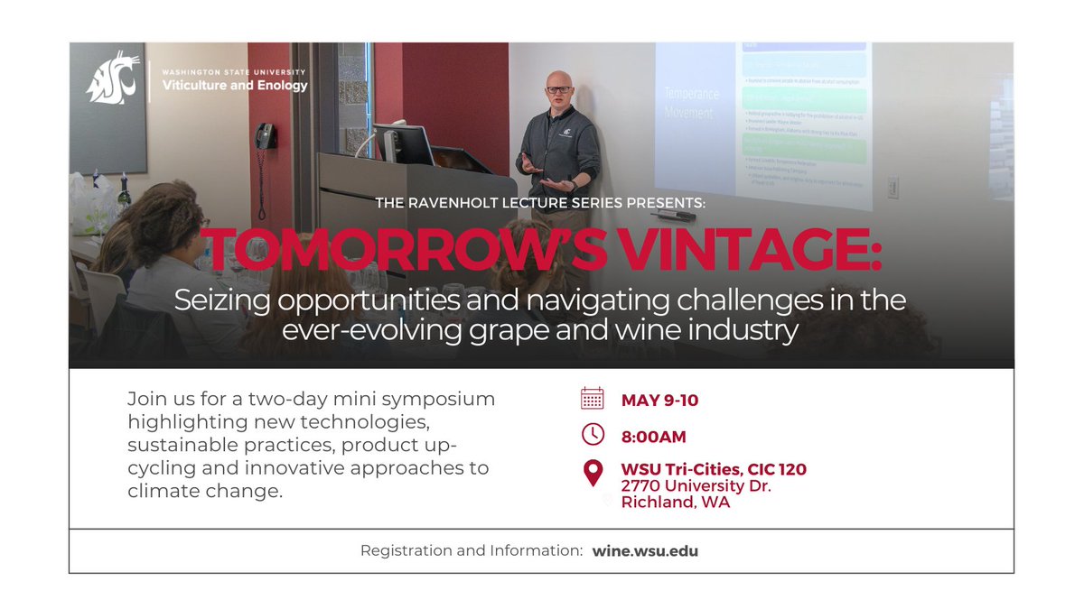 The Ravenholt Lecture Series returns May 9-10 for a two-day mini symposium entitled, "TOMORROW'S VINTAGE: Seizing opportunities and navigating challenges in the ever-evolving grape and wine industry."

🔗to register and learn more:
wine.wsu.edu/event/ravenhol…