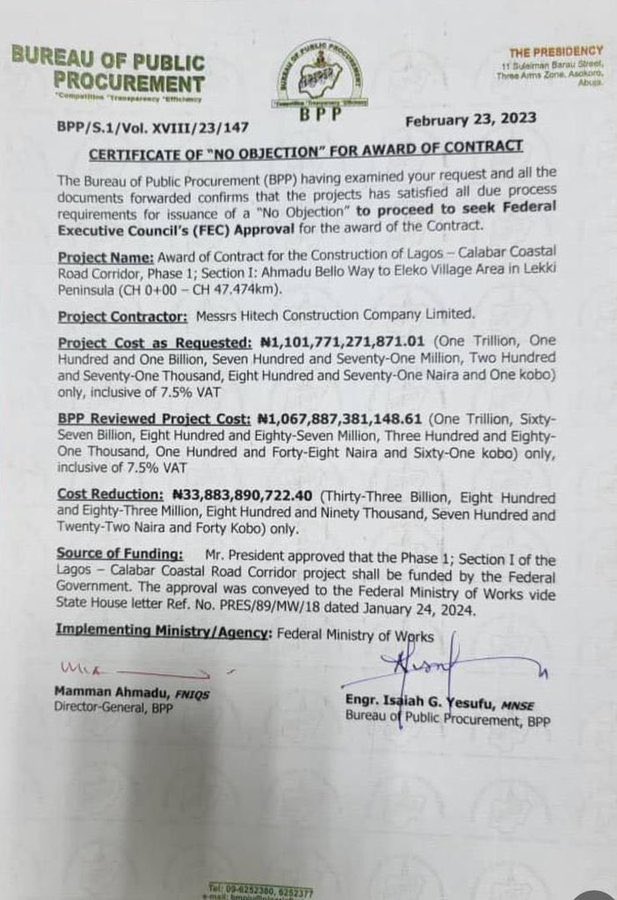 FOR THE 'DOUBTING THOMAS'. Copy of the BPP no objection to drain Nigeria of N1 Trillion for a white elephant project' in the name of Allah,' courtesy of the Muslim- Muslim ticket Fraud