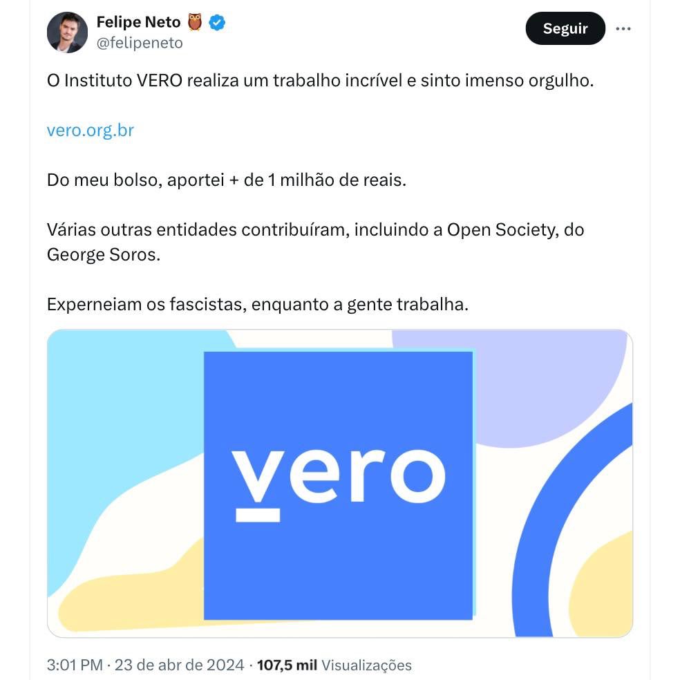 O Felipe Neto é contratado de Lula, tá?!? N esqueçamos deste detalhe… 

🚨Felipe Neto confessa recebimento de dinheiro da Open Society, fundação ligada a grupos e causas de extrema-esquerda em todo o mundo e pertencente ao bilionário globalista George Soros.