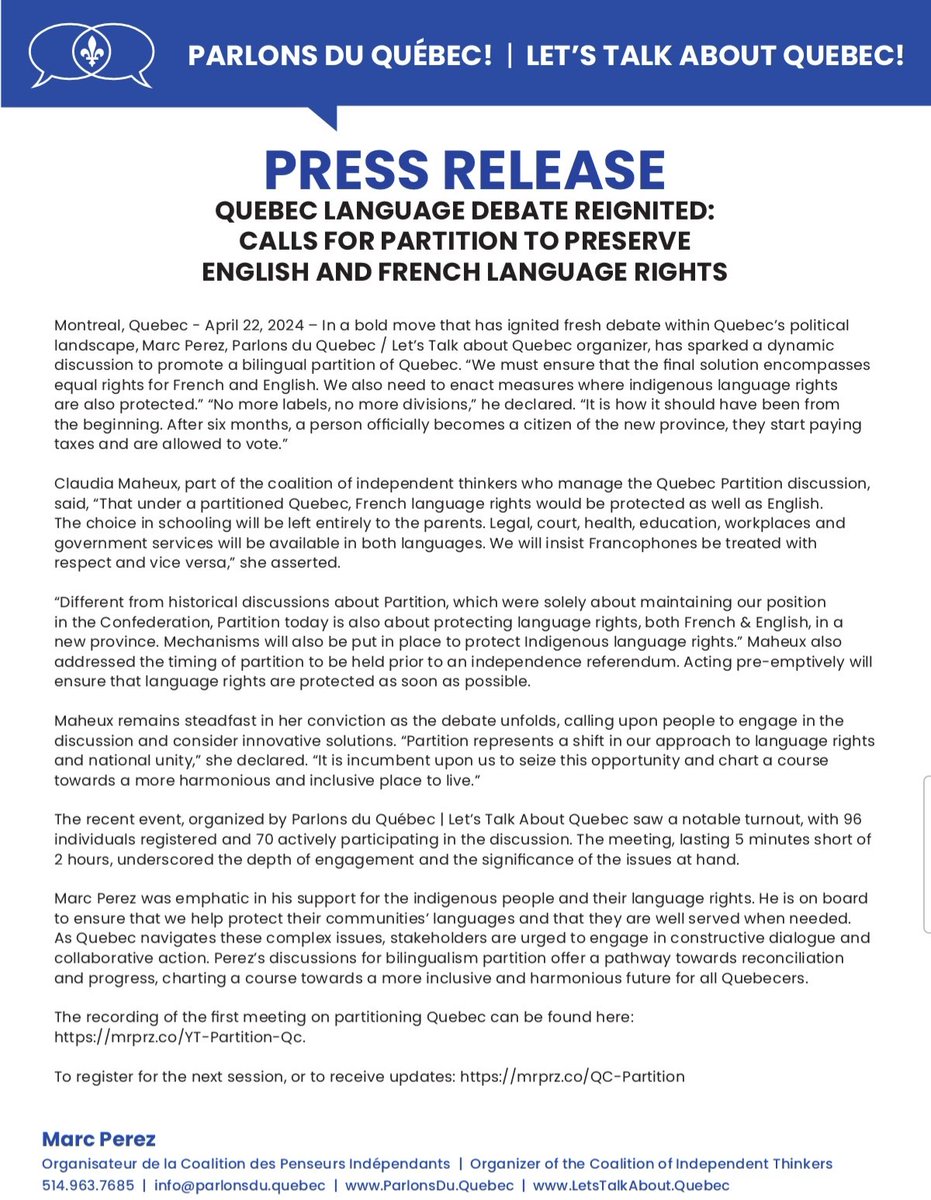 claudiacm1146's tweet photo. Press release on Partition. #Bill96 #PartitionQuebec #QuebecAnglos #C13 #Quebecpol https://t.co/Q72RfyLzW4