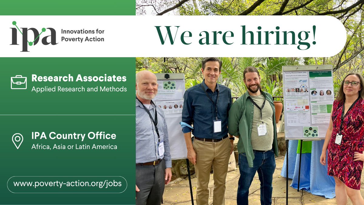 🚨RA Job alert! IPA is growing our Applied Research & Methods group. Come work with me! Great RA/pre-doc opportunity in Colombia, Mexico, Peru, Philippines, or sub-Saharan Africa. 1+ year experience and good coding skills. Apply by May 15. bit.ly/armra27