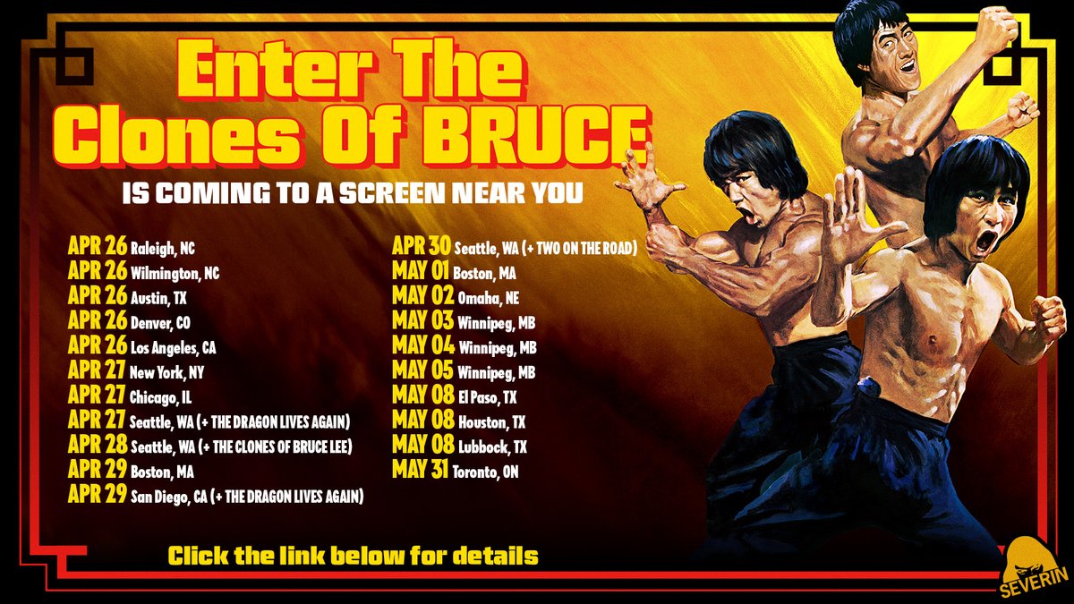 More North American theatrical dates have been added for the ongoing ENTER THE CLONES OF BRUCE tour in Raleigh NC, Boston MA, Omaha NE, El Paso TX, Houston TX, Lubbock TX, and Toronto ON. Click below for ticket links: severinfilms.com/blogs/news/ent…