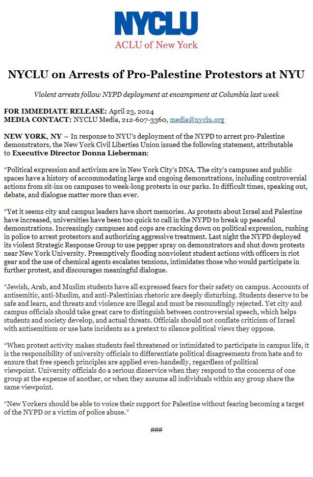 University officials do a deep disservice when they respond to the concerns of one group at expense of another, or when they assume all individuals within any group share the same viewpoint. New Yorkers should be able to voice their support for Palestine without fearing the NYPD.