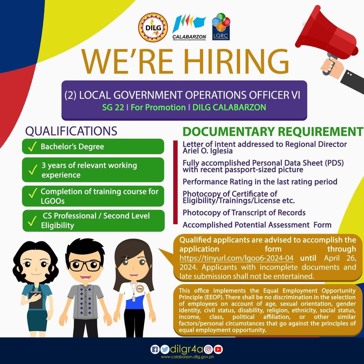 dilgr4a's tweet photo. #JobAlert • 𝐖𝐞 𝐚𝐫𝐞 𝐡𝐢𝐫𝐢𝐧𝐠 𝐪𝐮𝐚𝐥𝐢𝐟𝐢𝐞𝐝 𝐚𝐩𝐩𝐥𝐢𝐜𝐚𝐧𝐭𝐬 𝐭𝐨 𝐟𝐢𝐥𝐥 𝐢𝐧 𝐭𝐡𝐞 𝐟𝐨𝐥𝐥𝐨𝐰𝐢𝐧𝐠 𝐩𝐨𝐬𝐢𝐭𝐢𝐨𝐧𝐬:
• (2) Local Government Operations Officer VI
• (2) Local Government Operations Officer II https://t.co/JAnNL36Qkg
