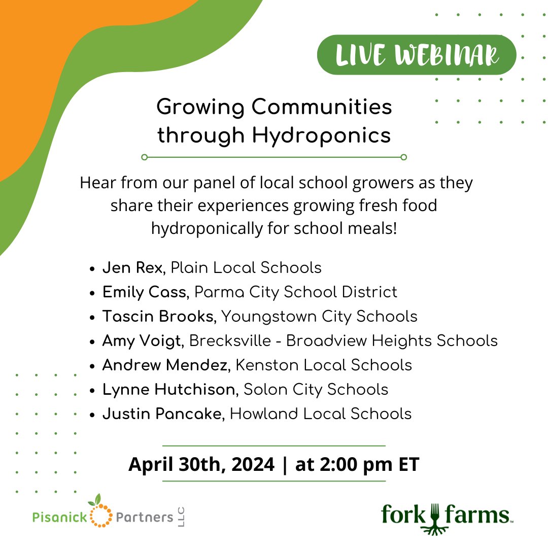 Join us next week for a webinar with Fork Farms. Register here: tinyurl.com/3nzab5mn 💥Our panel of current growers will share successes and challenges in growing fresh food with a hydroponic vertical farm.
#PisanickPartners #hydroponics #hydroponicfarming #schoolnutrition