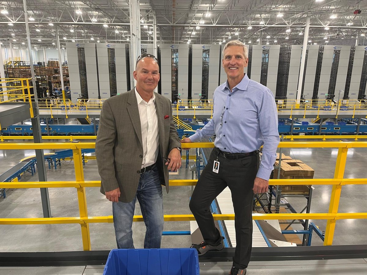 Matt Fleming, President & CEO of @MidwayUSA with Mike Carney, President & CEO of Outdoor Sportsman Group (@OUTDChannel, @SPORTSMANchnl, @GunsAndAmmoMag, etc.), touring Midway USA's Nitro Express Shipping System. #FindYourAdventure #Midwayusa #outdoors #president #guns