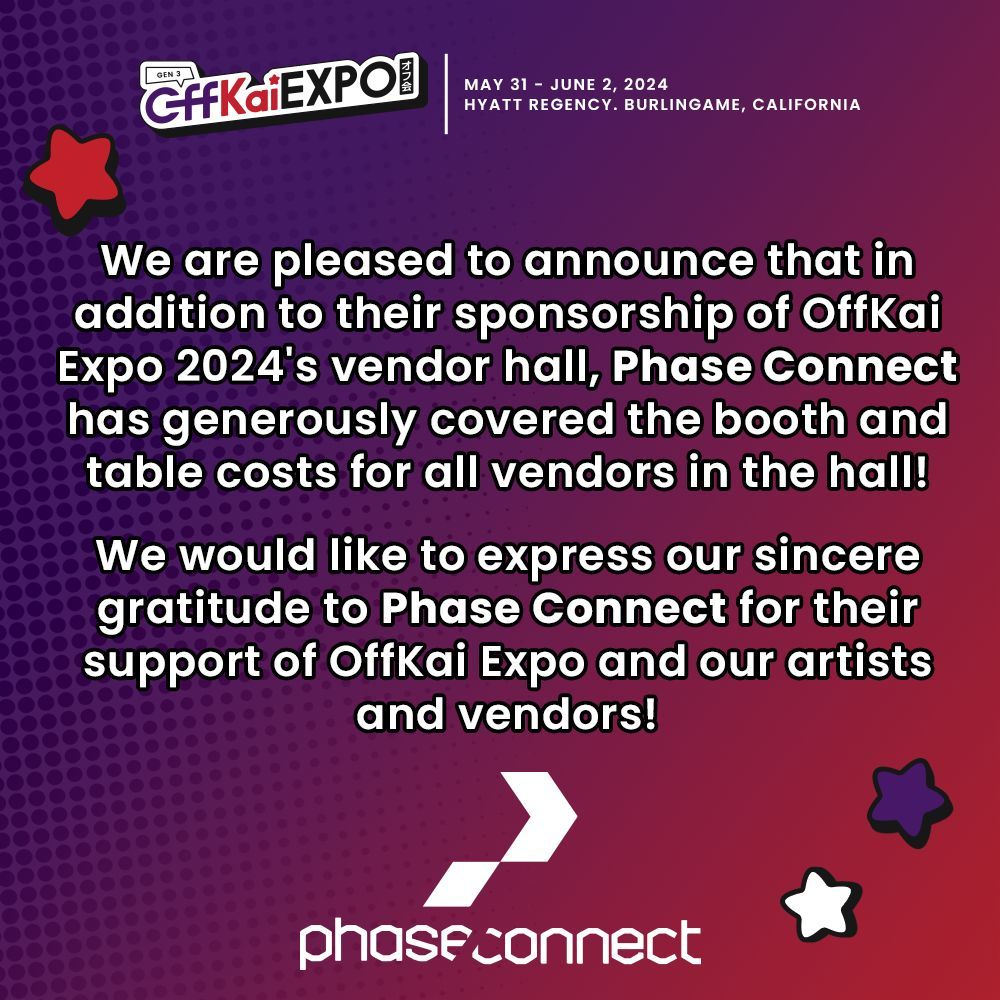 Vendors, Phase Connect's got you covered! If you're vending at #OffKaiGen3, you'll be refunded your booth or table fee in a couple weeks - no action required! ‼️ Please give a big thanks to @PhaseConnect for supporting this year's vendors! ❤️