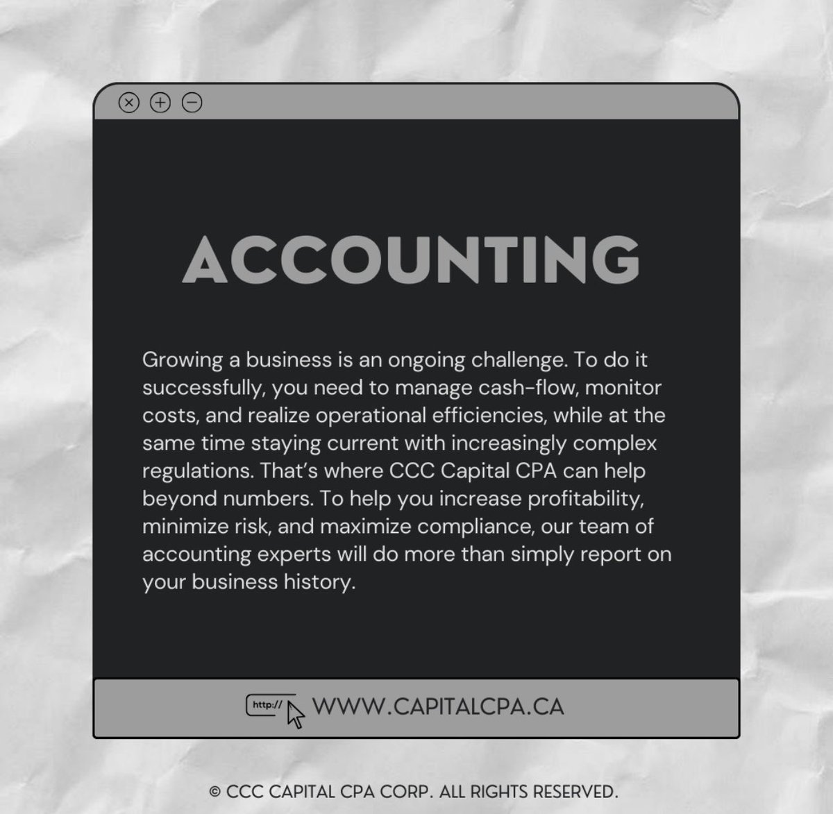 Accounting doesn't have to be daunting. With CCC Capital CPA, you can trust in accurate, reliable financial management. 

Let's streamline your processes and ensure compliance every step of the way. 📝

#AccountingPros #FinancialAccuracy #CCCcapitalCPA #BusinessSuccess