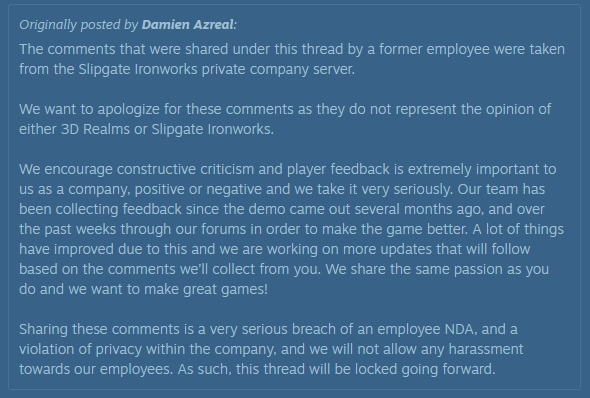 Phantom Fury came out, and is not being received well. 3DRealms is responding by threatening their employees with contract breach and lawsuits after someone leaked screenshots of the dev team insulting YouTubers like Civvie and UnderTheMayo