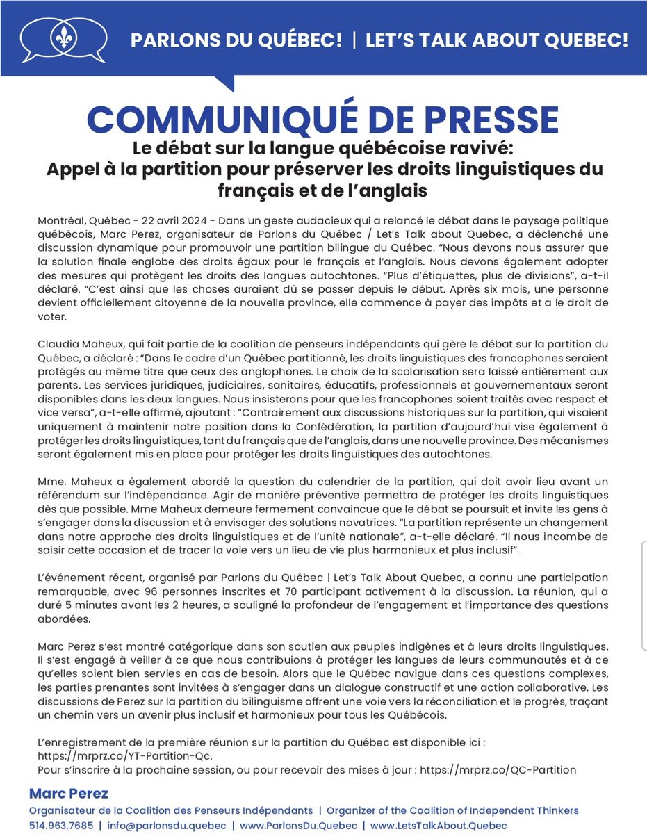Comminique de Presse. #Bill96 #PartitionQuebec #QuebecAnglos #C13 #Quebecpol