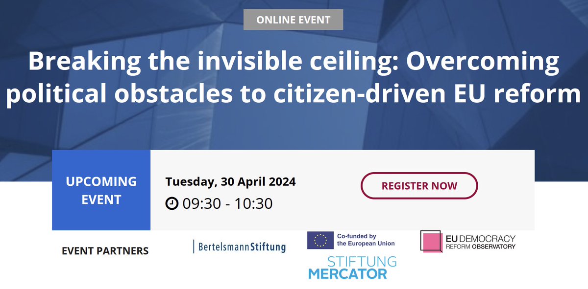 🚨| SAVE THE DATE Join our 5th #DemocracyConversation 'Overcoming political obstacles to citizen-driven EU reform' with @sandrogozi, @StratulatCorina, @anddemidov & @jaemmanouilidis. 🤝 @BertelsmannSt, @K_B_Foundation & @MercatorDE Register here 👉 bit.ly/3UGhqEF