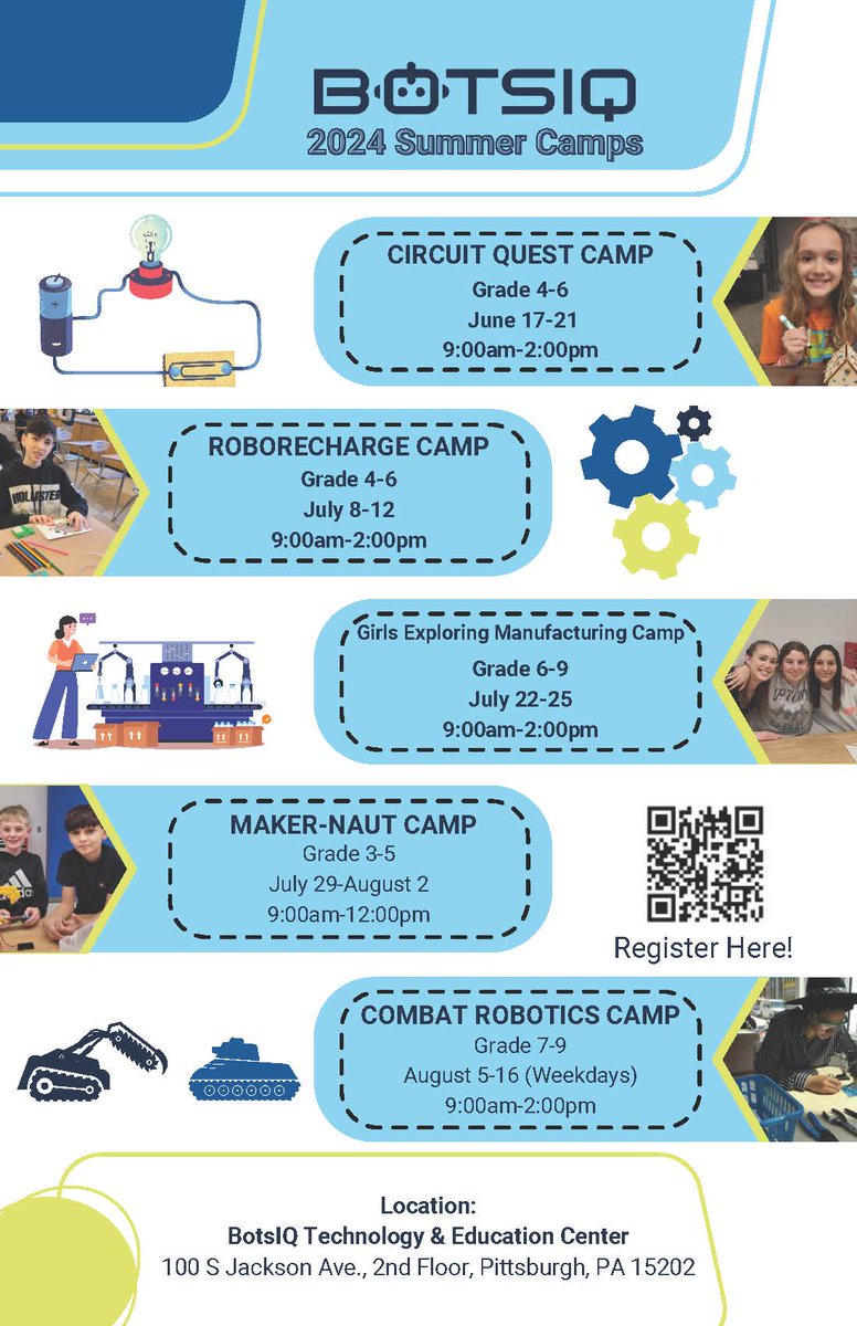 #BotsIQ has 5 summer camps coming up this year for various age groups! If your learner is interested in circuits, programming, or robotics, sign up today for our free programs hosted at the #BotsIQ Training and Education Center in Bellevue. Register here: jotform.com/form/232475775…