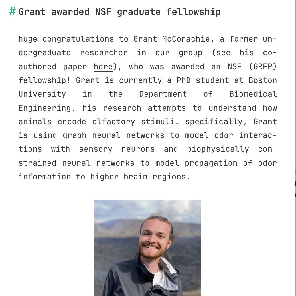 🥳 news regarding two undergraduate student researchers in my group:
- Danny Casey-Hain will pursue his ChemE PhD at UIUC
- Grant McConachie (at BU) was awarded the NSF GRFP
!