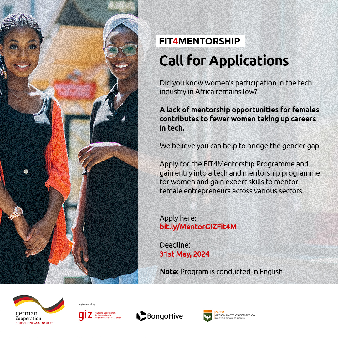 🌍🚀 Calling all African women in Tech! 🌟 Apply for FIT4Mentorship, a tech mentorship program connecting you with women in tech across Africa. Sharpen your mentorship skills and connect to a network of African ISO's. Apply: bit.ly/MentorGIZFit4 Deadline: May 31, 2024.
